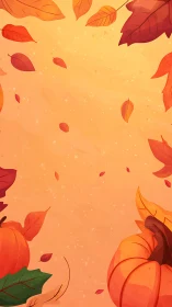 Autumn leaves and pumpkins on warm orange background.