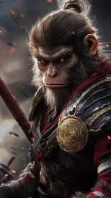 Warrior monkey hero in ornate armor amid embers storm.