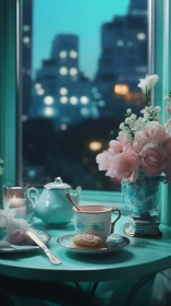 Twilight city tea table in pastel turquoise glow.