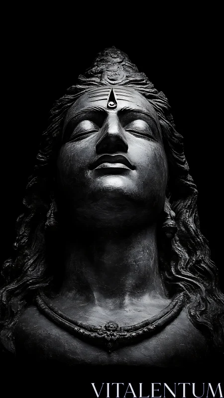 Monochrome frontal view shows detailed sculpted deity bust