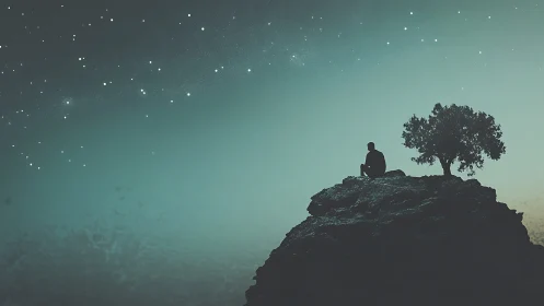 Quiet stargazer resting on a lone hilltop under night skies.