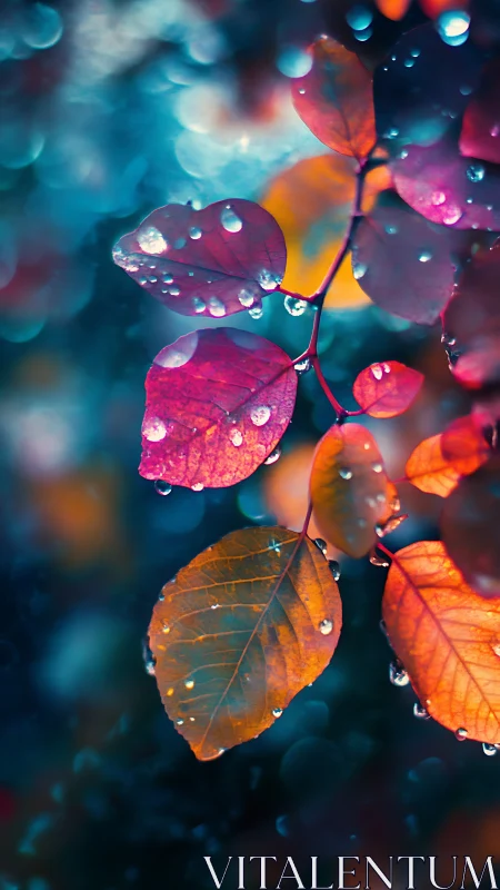 Vertical close-up of wet colorful leaves against blurred bokeh.