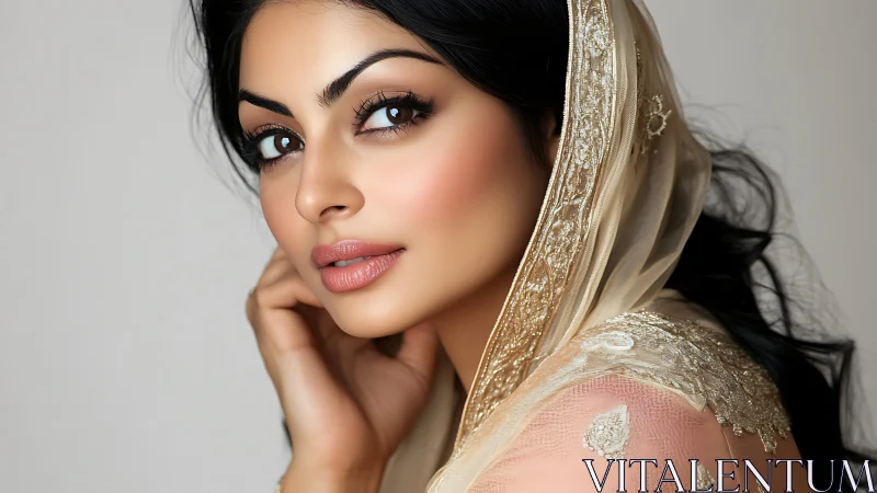 Elegant South Asian Woman in Traditional Embroidered Attire Portrait.