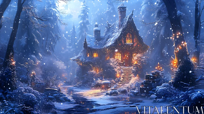 Snow-laden forest cottage with warm interior lantern glow at dusk