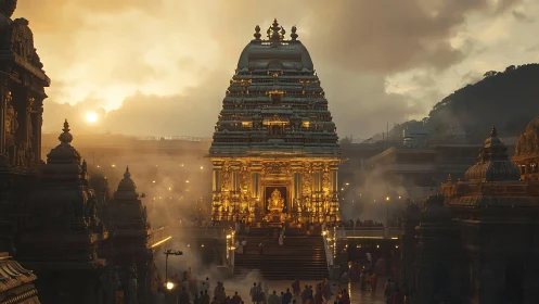 Sunlit Dravidian temple gopuram in atmospheric evening haze.