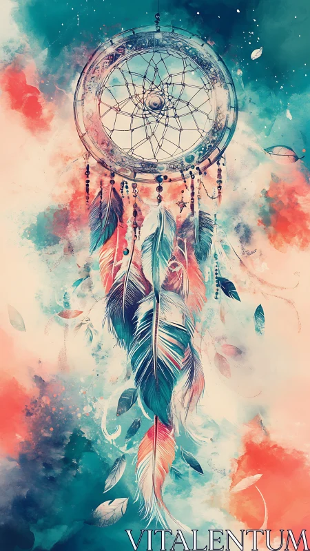 Dreamcatcher with feathers on teal and coral abstract field.