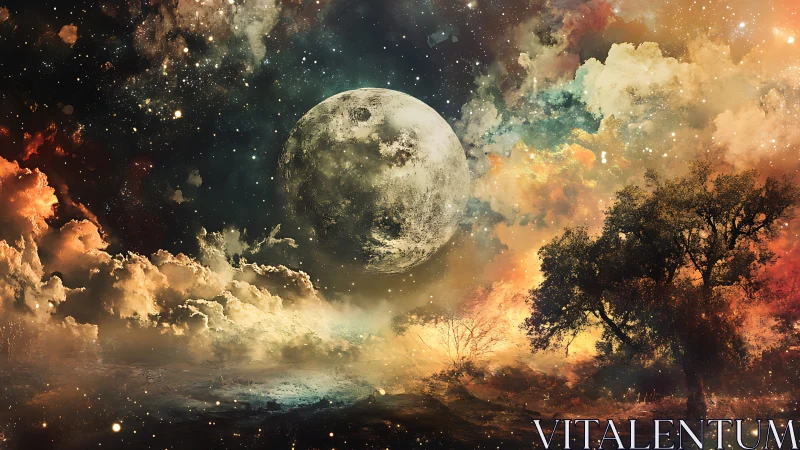 Moon over surreal clouds and silhouetted landscape at dusk.