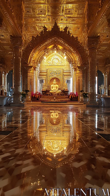 Golden Buddha hall glows with mirrored temple reflections.