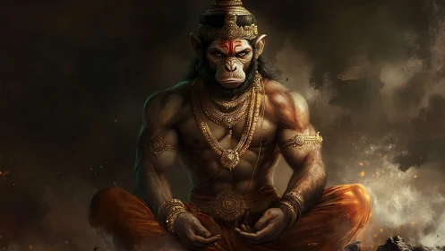 Mythic monkey warrior sits in stormlit meditative stillness.