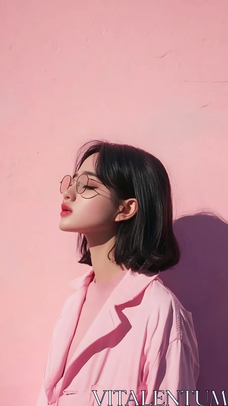 Side profile of woman in pink clothing before pastel wall