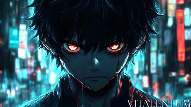 Glowing-eyed vigilante glares against neon-drenched cityscape.