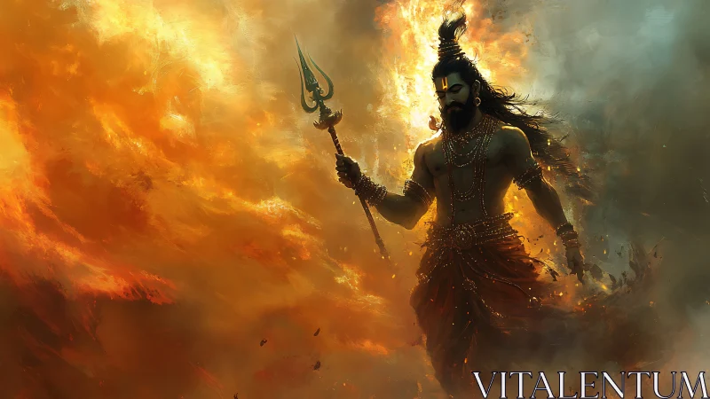 Divine warrior strides through incendiary storm in digital chiaroscuro