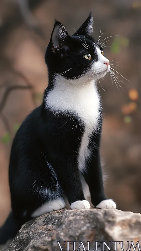 Black and White Cat Perched on Stone Surface