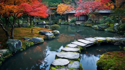 Curved stone path arcs across reflective pond in autumn garden