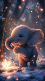 Baby elephant glows with gentle magic in a snowy forest.