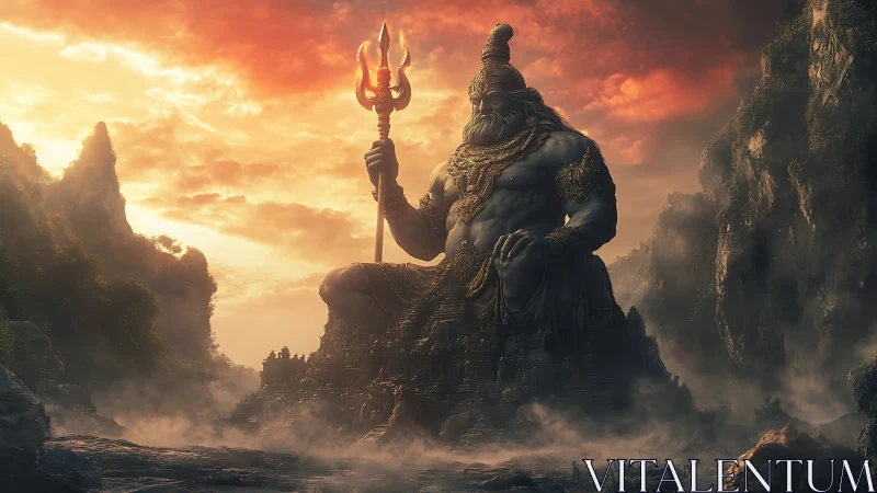 Colossal mythic deity seated within misty mountain gorge.