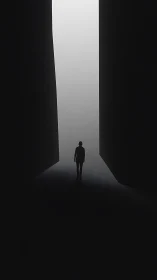 Silhouette figure walking between tall dark vertical walls.