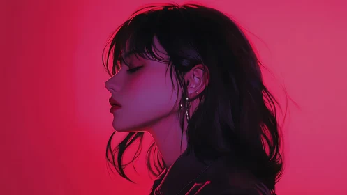 Side profile portrait of woman in red and purple lighting.