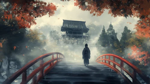 Solitary figure on red bridge toward distant temple in mist.