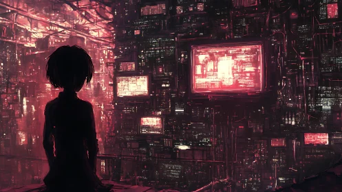 Silhouetted operator studies dense neon data grid in dark city