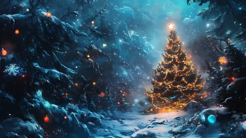 Christmas tree glows in snowy enchanted forest clearing