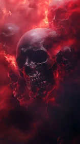 Multiple dark skulls emerge from dense red fire fog