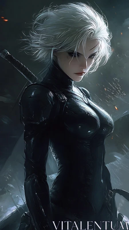 Storm-lit cyber sexy warrior stands ready in sleek black armor