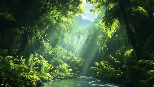 Sunlit jungle riverway beneath towering palm canopy.