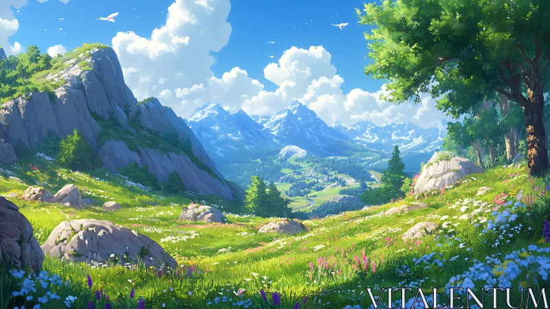 Sunlit mountain meadow where wildflowers greet the sky.