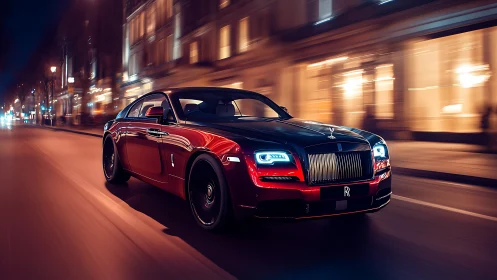 Red luxury coupe speeding through illuminated city street.