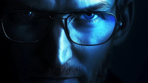 Close-up blue-lit male face with glasses in partial shadow.