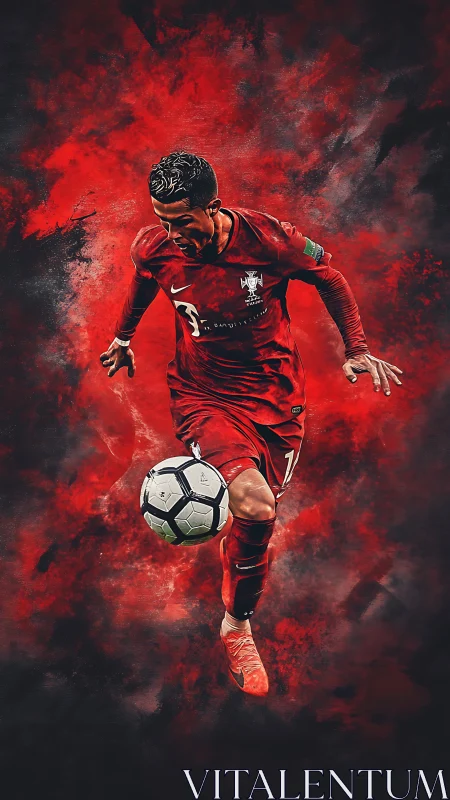 Dynamic soccer striker in red over explosive abstract red