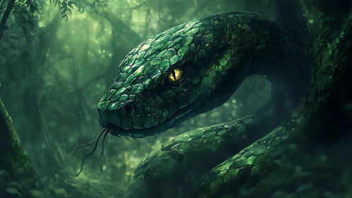Mystical emerald serpent watching quietly in the deep forest.