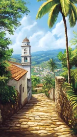 Sunlit colonial hillside street receding toward verdant valley