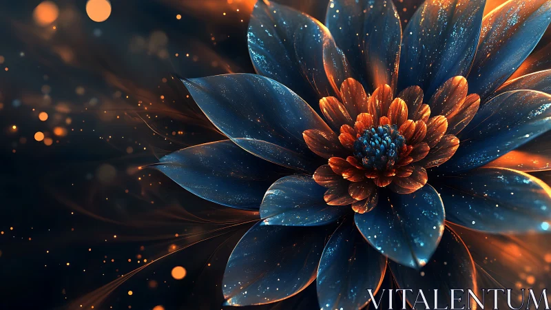 Luminous blue and amber flower glows in a cosmic haze