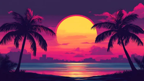 Neon tropical sunset bathes coastal skyline in dreamy light