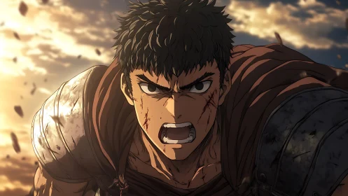 Armored male warrior advances forward under dramatic sky