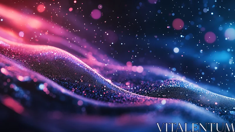 3D iridescent particle waves with neon depth-of-field rendering.