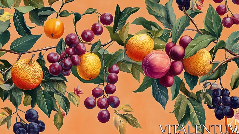 Lush citrus and plum branches glow against warm peach backdrop.