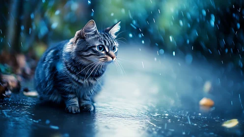 Tabby Cat in Rain: Atmospheric Portraiture with Motion Blur