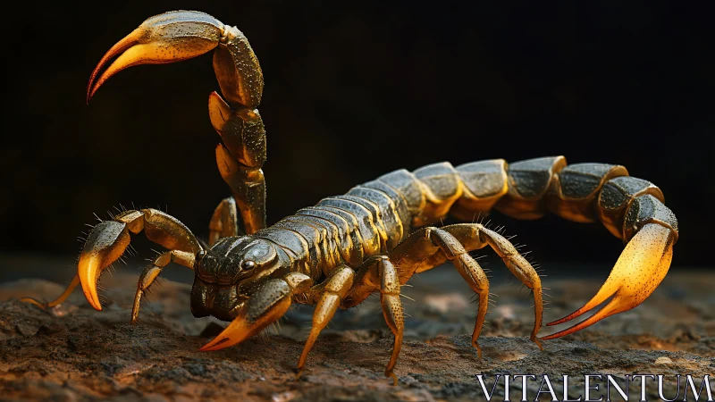 Golden desert scorpion poised with raised venomous tail.