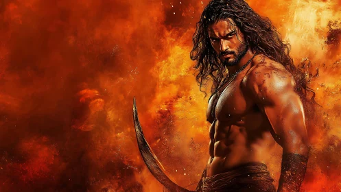 Fire-forged warrior strides from molten storm of embers.