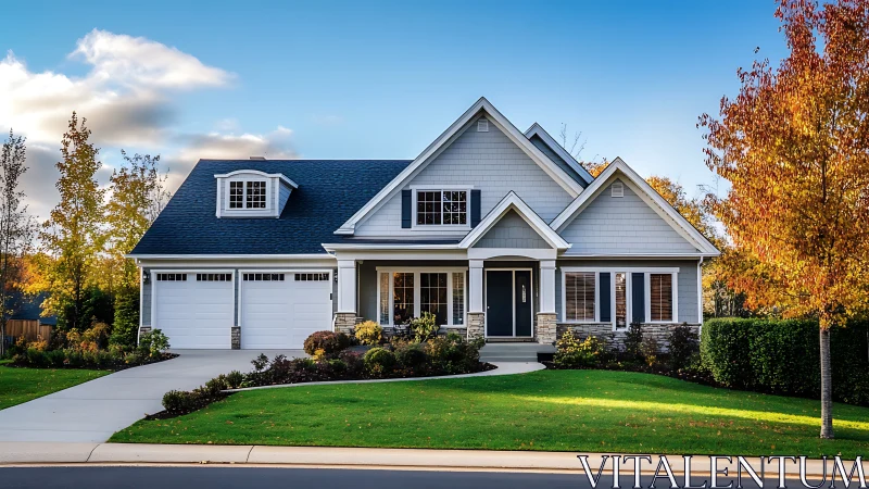 Suburban gabled residence with landscaped autumn garden fa&ccedil;ade.
