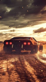 Sunset muscle car hurls sparks into a storm lit horizon