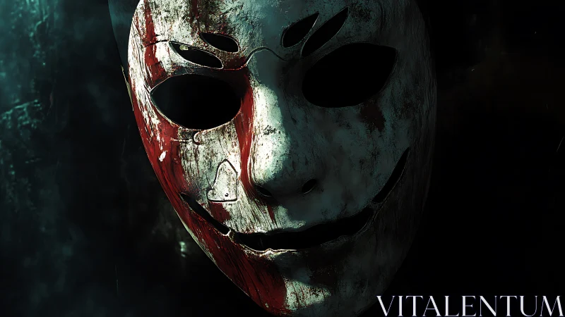 Cracked bloodstained mask in harsh cinematic side light.