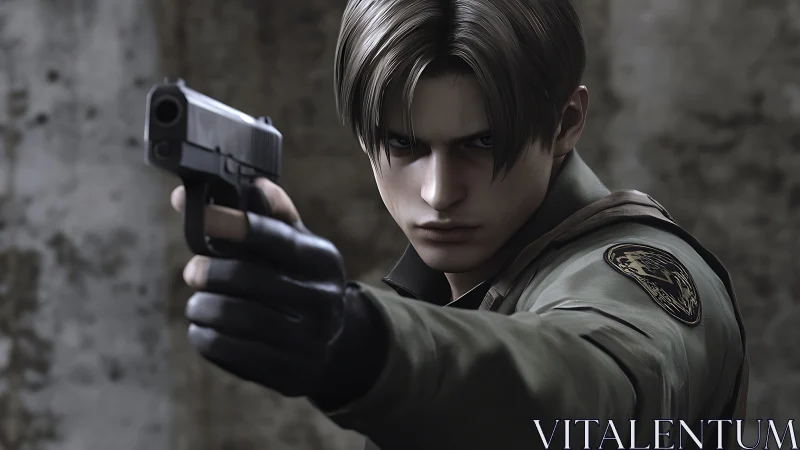 Stoic rookie marksman leveling cold resolve at danger.