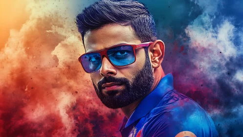 Vivid digital portrait of bearded man in sunglasses against smoke