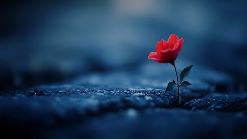 Red flower quietly blooming through cool midnight stone.