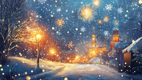 Winter city street with cathedral, fireworks and snowfall glow