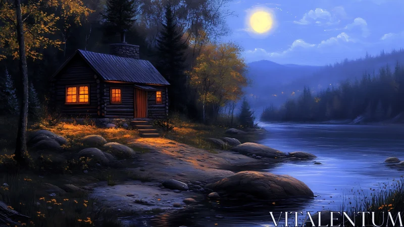 Moonlit riverside log cabin with warm autumn glow at dusk.